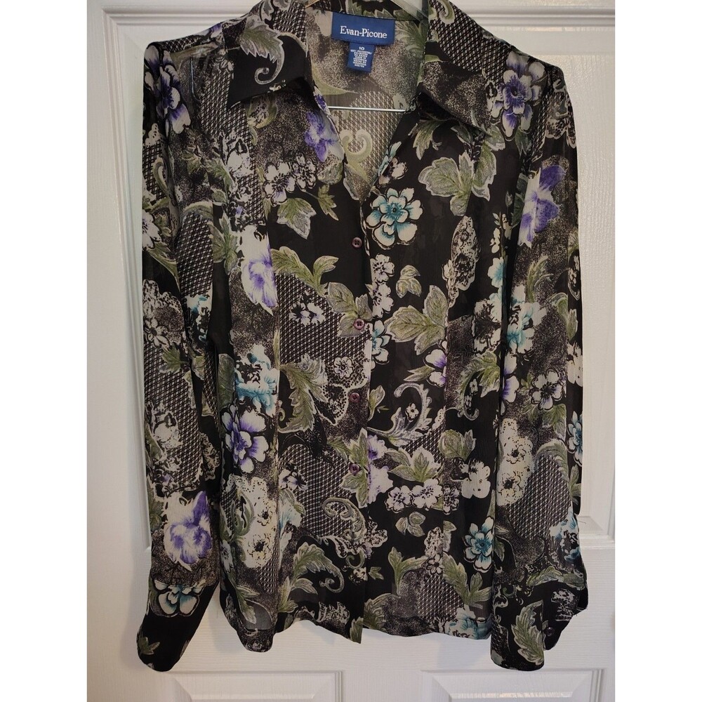 Evan-Picone Women’s Black Sheer Chiffon Floral Collared Button-Up Blouse 10